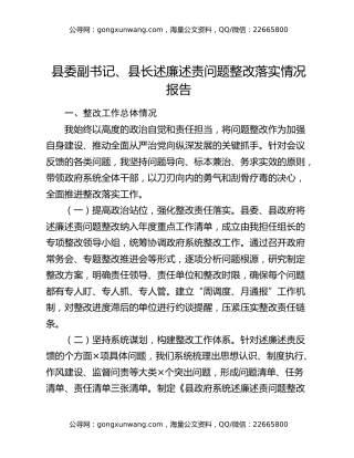 县委副书记、县长述廉述责问题整改落实情况报告