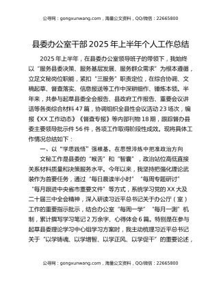 县委办公室干部2025年上半年个人工作总结