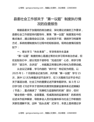 县委社会工作部关于“第一议题”制度执行情况的自查报告
