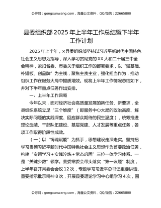 县委组织部2025年上半年工作总结暨下半年工作计划