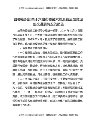 县委组织部关于六届市委第六轮巡察反馈意见整改进展情况的报告