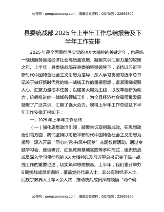 县委统战部2025年上半年工作总结报告及下半年工作安排