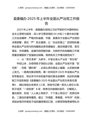 县委编办2025年上半年全面从严治党工作报告