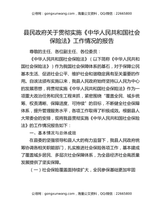 县民政府关于贯彻实施《中华人民共和国社会保险法》工作情况的报告