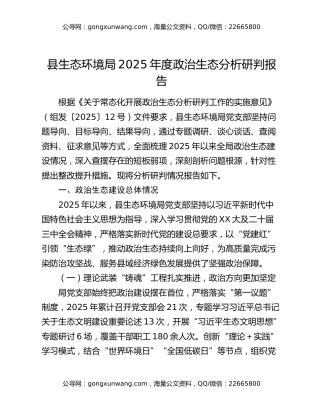 县生态环境局2025年度政治生态分析研判报告
