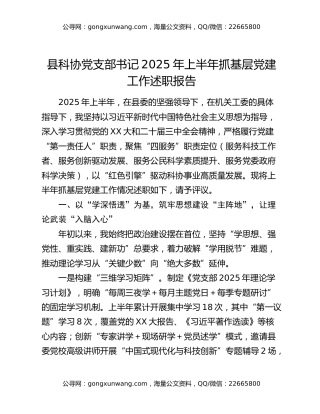 县科协党支部书记2025年上半年抓基层党建工作述职报告