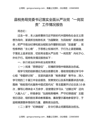 县税务局党委书记落实全面从严治党“一岗双责”工作情况报告