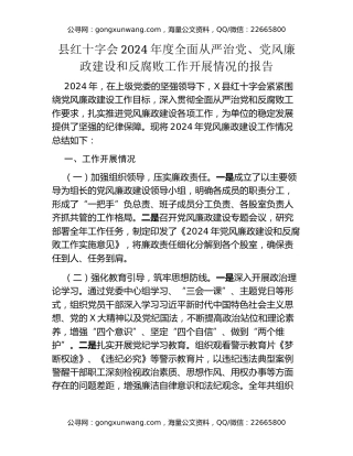 县红十字会2024年度全面从严治党、党风廉政建设和反腐败工作开展情况的报告