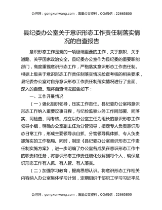 县纪委办公室关于意识形态工作责任制落实情况的自查报告