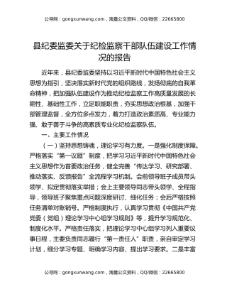 县纪委监委关于纪检监察干部队伍建设工作情况的报告