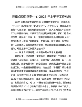 县重点项目服务中心2025年上半年工作总结