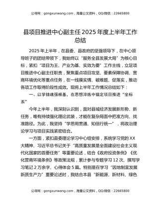 县项目推进中心副主任2025年度上半年工作总结