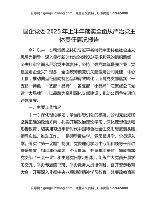 国企党委2025年上半年落实全面从严治党主体责任情况报告