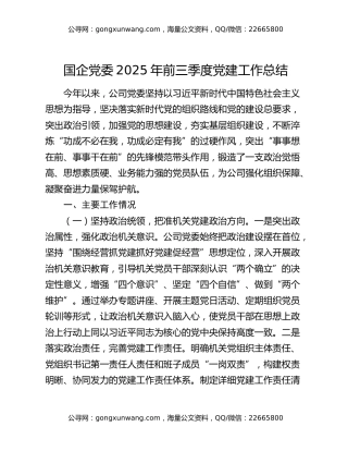 国企党委2025年前三季度党建工作总结 (2)