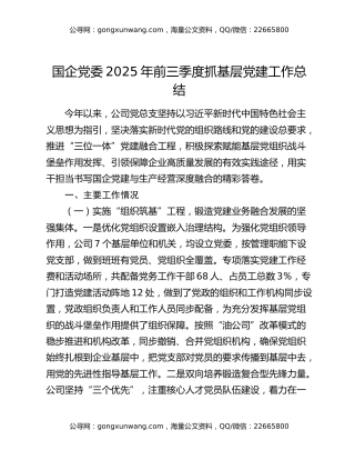 国企党委2025年前三季度抓基层党建工作总结