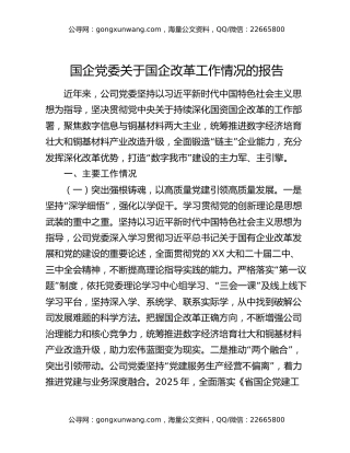 国企党委关于国企改革工作情况的报告
