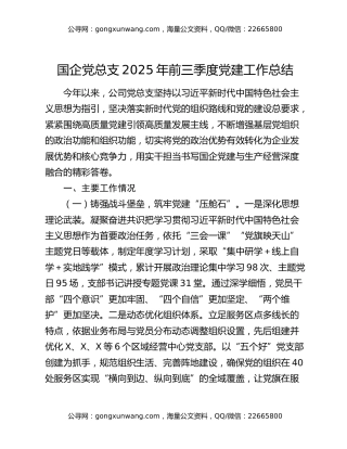 国企党总支2025年前三季度党建工作总结