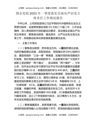 国企党组2025年一季度落实全面从严治党主体责任工作情况报告
