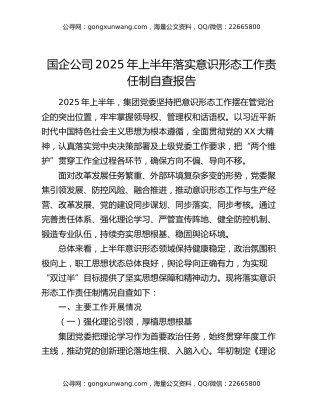 国企公司2025年上半年落实意识形态工作责任制自查报告