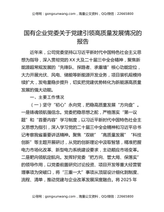 国有企业党委关于党建引领高质量发展情况的报告