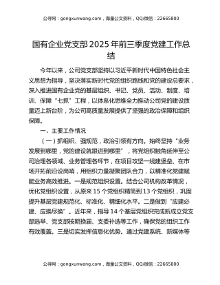 国有企业党支部2025年前三季度党建工作总结（2）