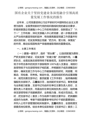 国有企业关于坚持党建业务深度融合引领高质量发展工作情况的报告