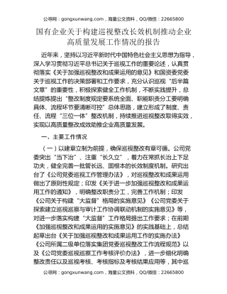 国有企业关于构建巡视整改长效机制推动企业高质量发展工作情况的报告