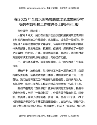在2025年全县巩固拓展脱贫攻坚成果同乡村振兴有效衔接工作推进会上的经验汇报