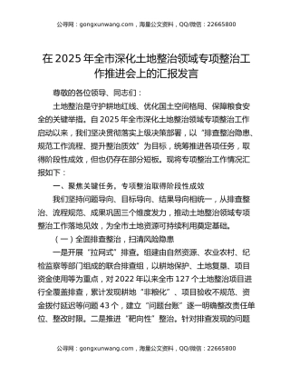 在2025年全市深化土地整治领域专项整治工作推进会上的汇报发言（2）