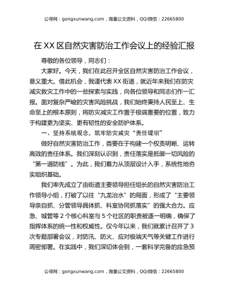 在XX区自然灾害防治工作会议上的经验汇报
