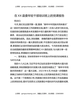 在XX县委年轻干部培训班上的党课报告