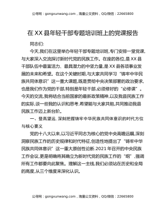 在XX县年轻干部专题培训班上的党课报告