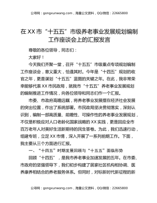 在XX市“十五五”市级养老事业发展规划编制工作座谈会上的汇报发言