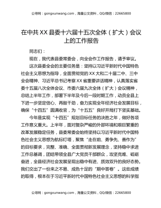 在中共XX县委十六届十五次全体（扩大）会议上的工作报告