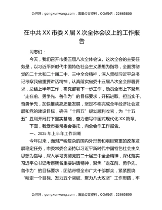 在中共XX市委X届X次全体会议上的工作报告