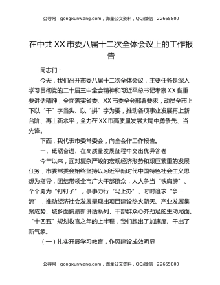 在中共XX市委八届十二次全体会议上的工作报告