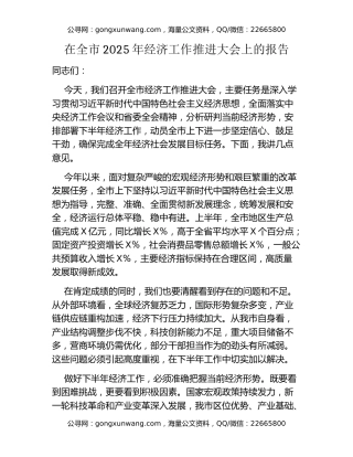 在全市2025年经济工作推进大会上的报告