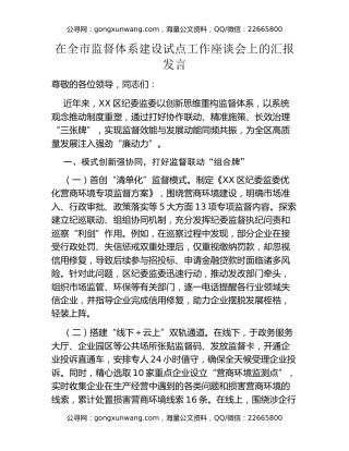 在全市监督体系建设试点工作座谈会上的汇报发言