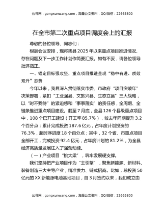 在全市第二次重点项目调度会上的汇报