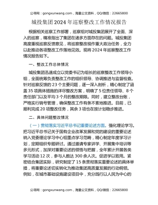城投集团2024年巡察整改工作情况报告