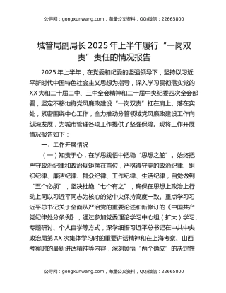 城管局副局长2025年上半年履行“一岗双责”责任的情况报告