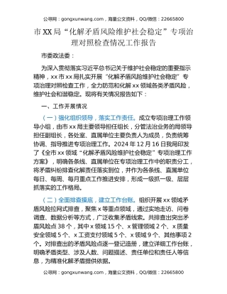 市XX局“化解矛盾风险 维护社会稳定”专项治理对照检查情况工作报告