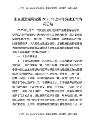 市交通运输局党委2025年上半年党建工作情况总结