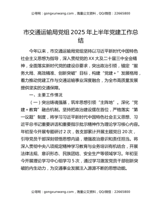 市交通运输局党组2025年上半年党建工作总结