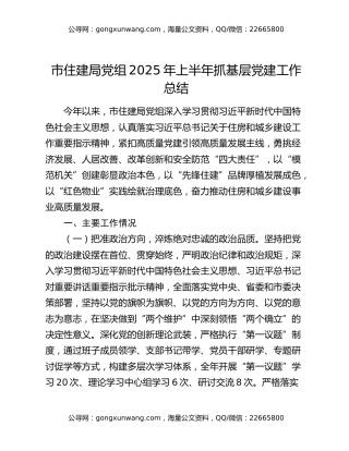 市住建局党组2025年上半年抓基层党建工作总结