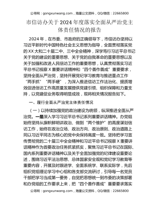 市信访办关于2024年度落实全面从严治党主体责任情况的报告