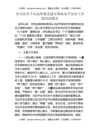 市司法关于以高质量党建引领高水平法治工作情况的报告