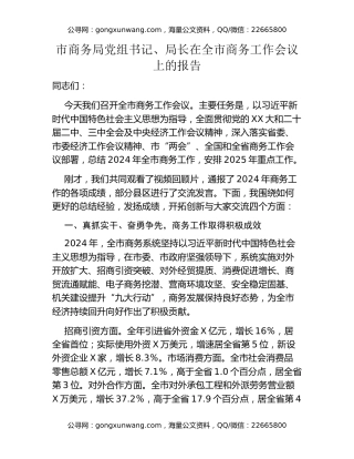 市商务局党组书记、局长在全市商务工作会议上的报告
