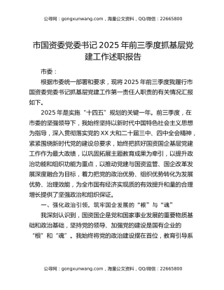 市国资委党委书记2025年前三季度抓基层党建工作述职报告