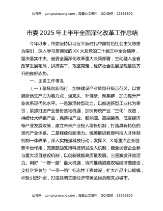 市委2025年上半年全面深化改革工作总结